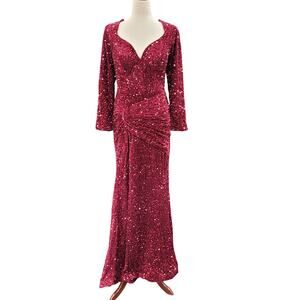NWT Fitted Long Sleeve Sequin Gown with Leg Slit and Corset Back